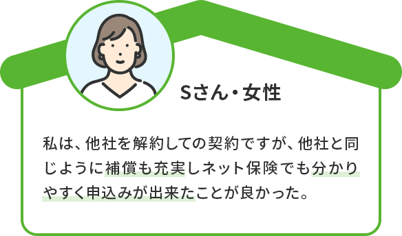 Sさん・女性 私は、他社を解約しての契約ですが、他社と同じように補償も充実しネット保険でも分かりやすく申込みが出来たことが良かった。
