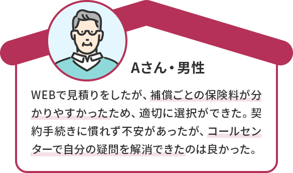 Aさん・男性 WEBで見積りをしたが、補償ごとの保険料が分かりやすかったため、適切に選択ができた。契約手続きに慣れず不安があったが、コールセンターで自分の疑問を解消できたのは良かった。