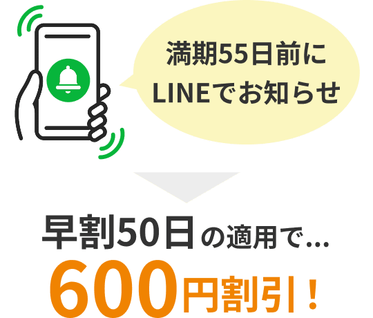 満期55日前に
                LINEでお知らせ　早割50日の適用で...600円割引！