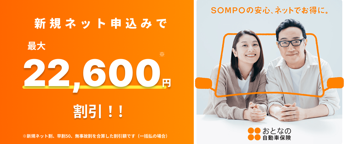 新規ネット申込みで最大22,600円割引！！　※新規ネット割、早割50、無事故割を合算した割引額です（一括払の場合）　SOMPOの安心、ネットでお得に。　おとなの自動車保険
