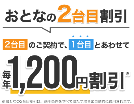 おとなの2台目割引 2台目のご契約で、1台目とあわせて 毎年1,200円割引※ ※おとなの2台目割引は、適用条件をすべて満たす場合に自動的に適用されます。