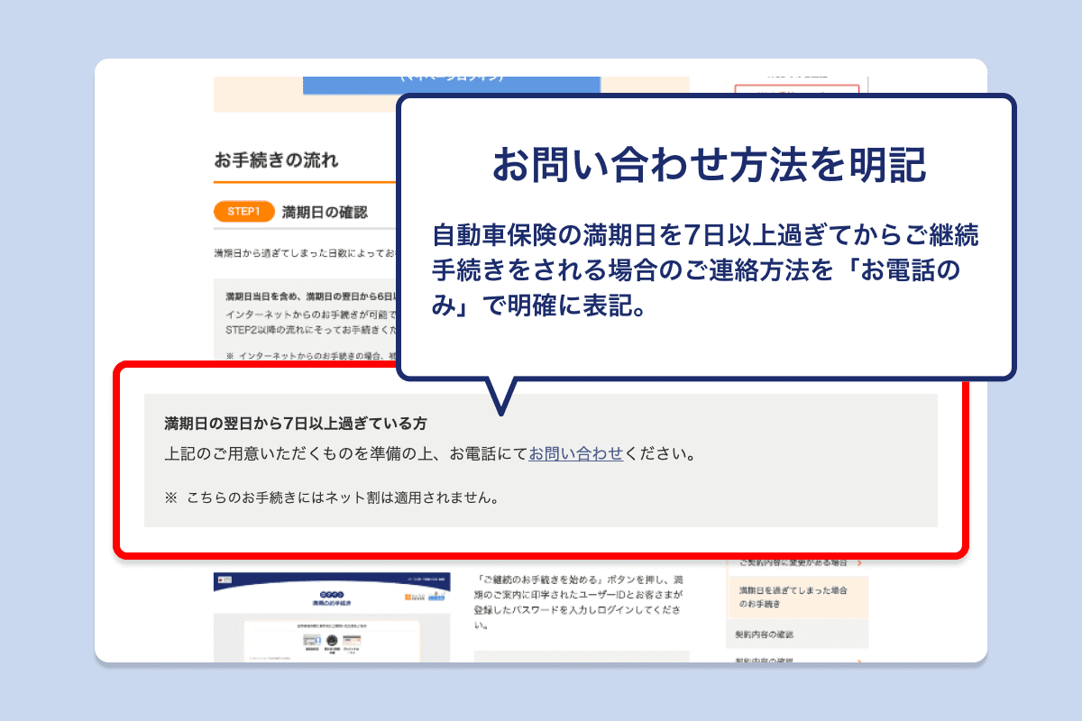 お問い合わせ方法をお電話のみと明記しました。